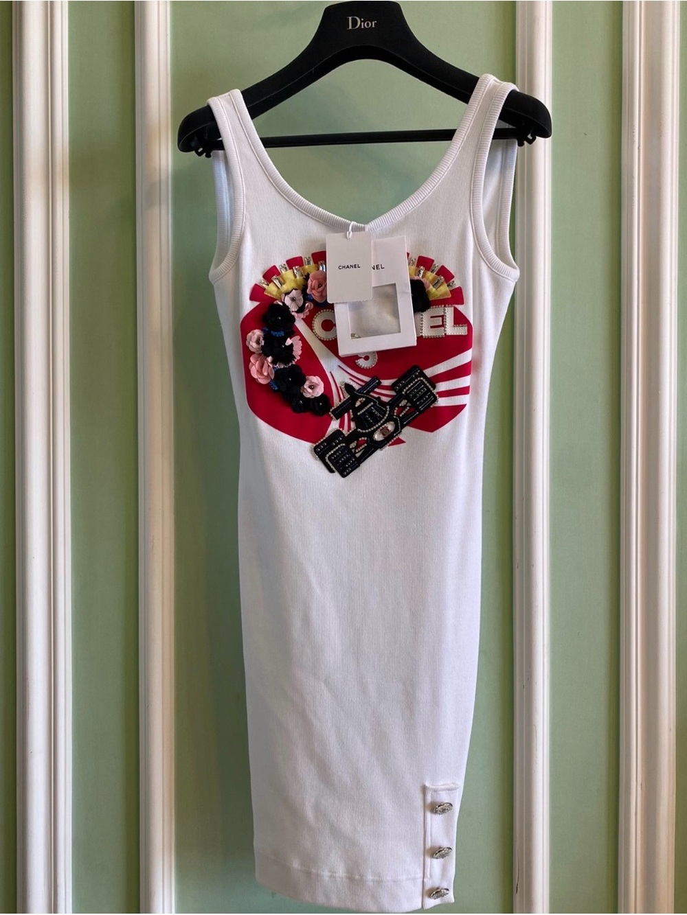 CHANEL White Tank Dress with Red Logo and Multicolor Embellishments